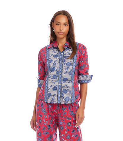 Petite Size Ruched Sleeve Border Print Shirt