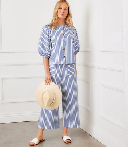 Stripe Puff Sleeve Button Front Top