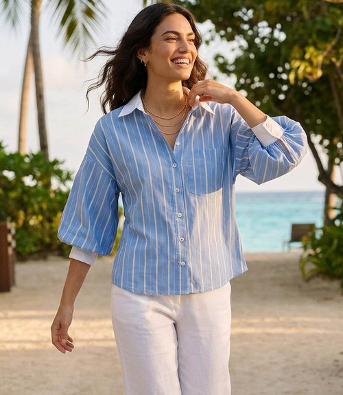 Stripe Lantern Sleeve Button-Up Shirt