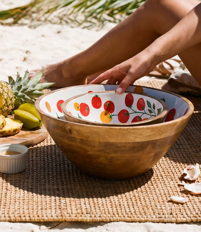 Wooden Enamel Tomato Print Serving Bowls, Set Of 2