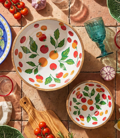 Wooden Enamel Tomato Print Serving Bowls, Set Of 2