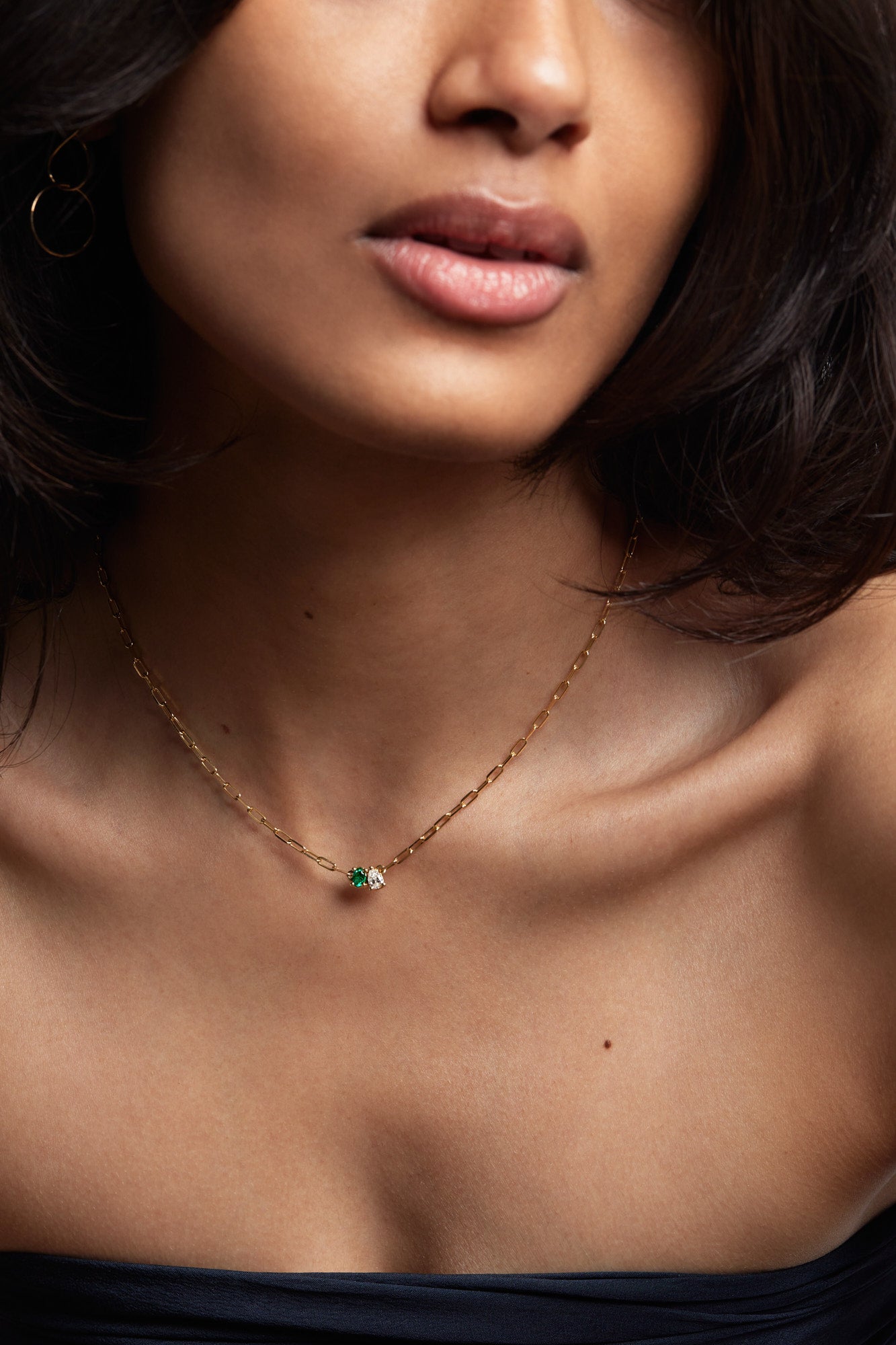 Pear Diamond and Oval Emerald Toi Et Moi Necklace | Yellow Gold