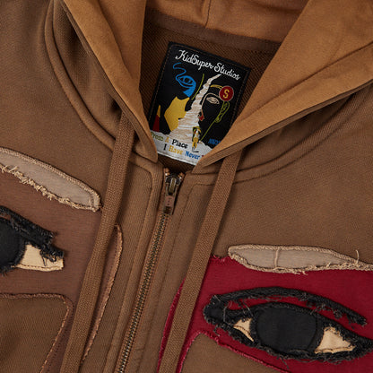 Patchwork Face Zip Up Hoodie | Dark Brown