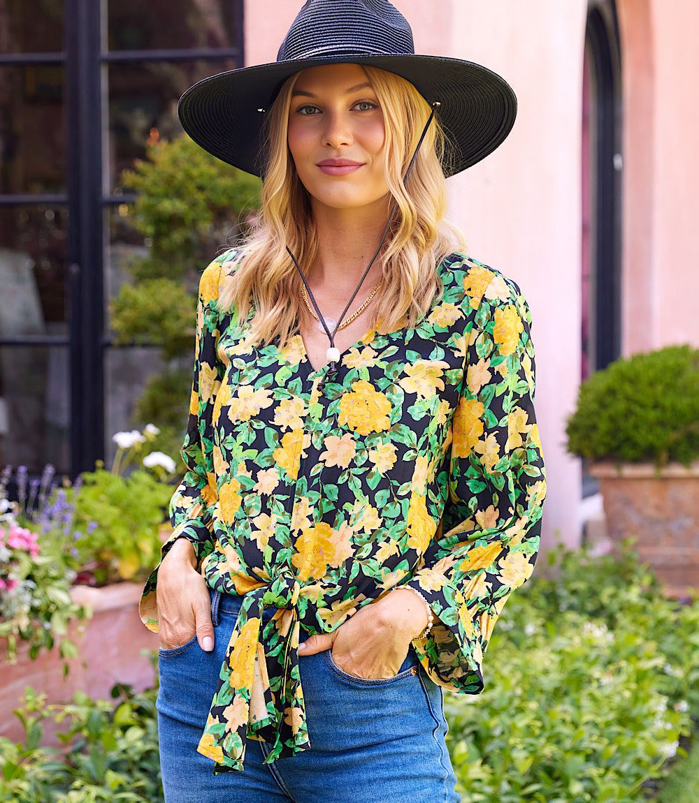 Petite Size Blouson Sleeve Tie-Front Top