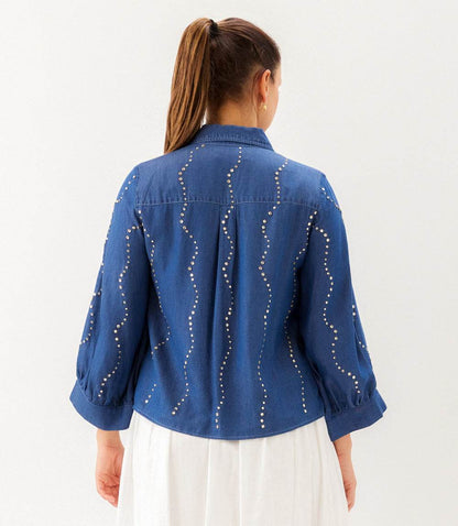 Blouson Sleeve Gemstone Denim Shirt