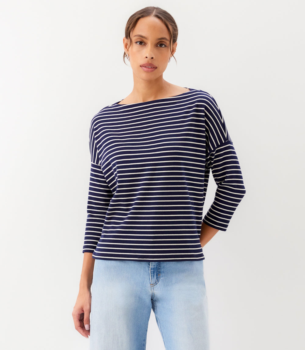 Stripe 3/4 Sleeve Boatneck Top