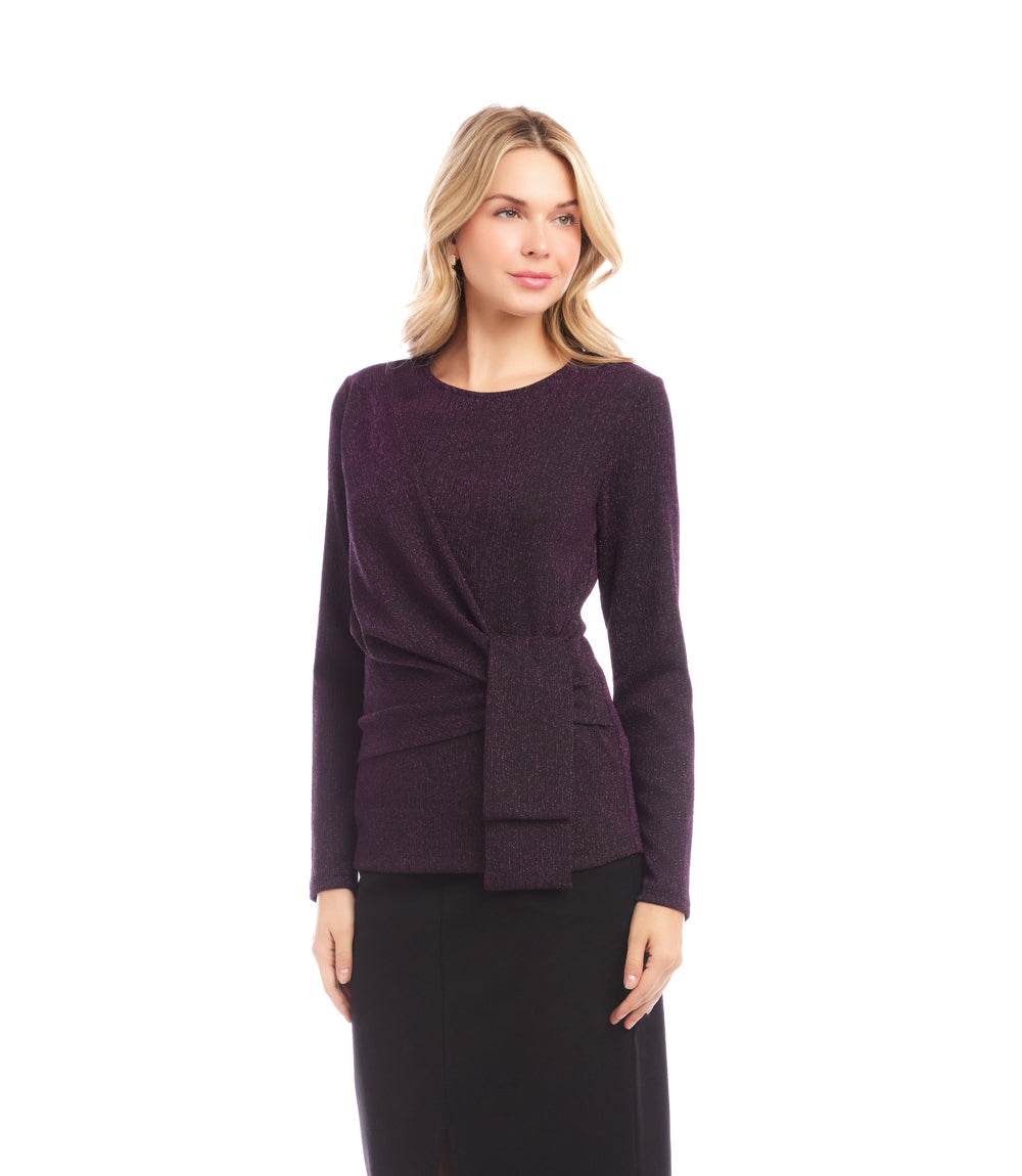 Long Sleeve Metallic Knit Side-Tie Top
