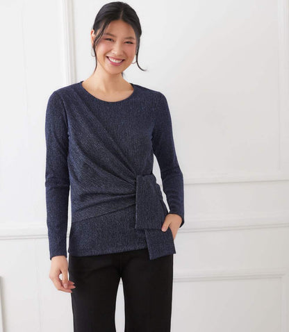 Long Sleeve Metallic Knit Side-Tie Top