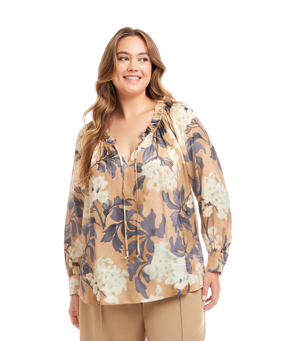 Plus Size Long Sleeve Ruffle Neck Peasant Top