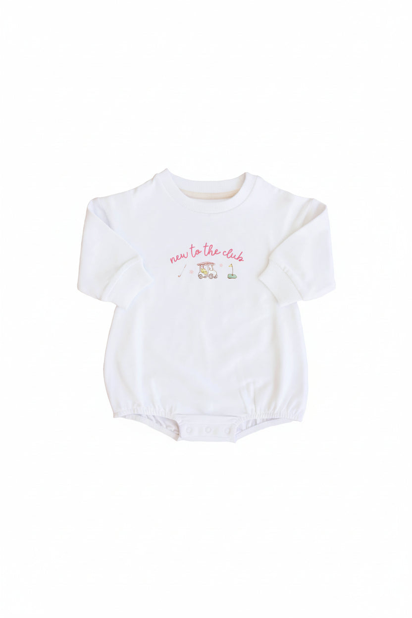 New To The Club Graphic Sweatshirt Bubble Romper | White