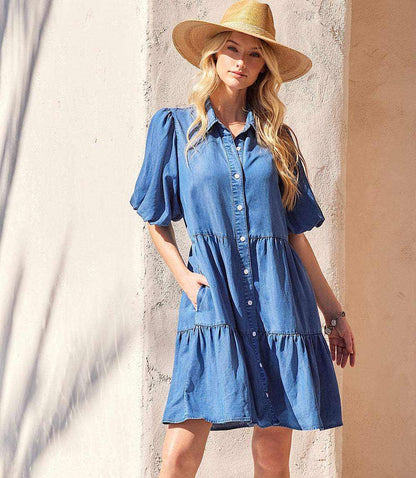 Puff Sleeve Tiered Shirtdress