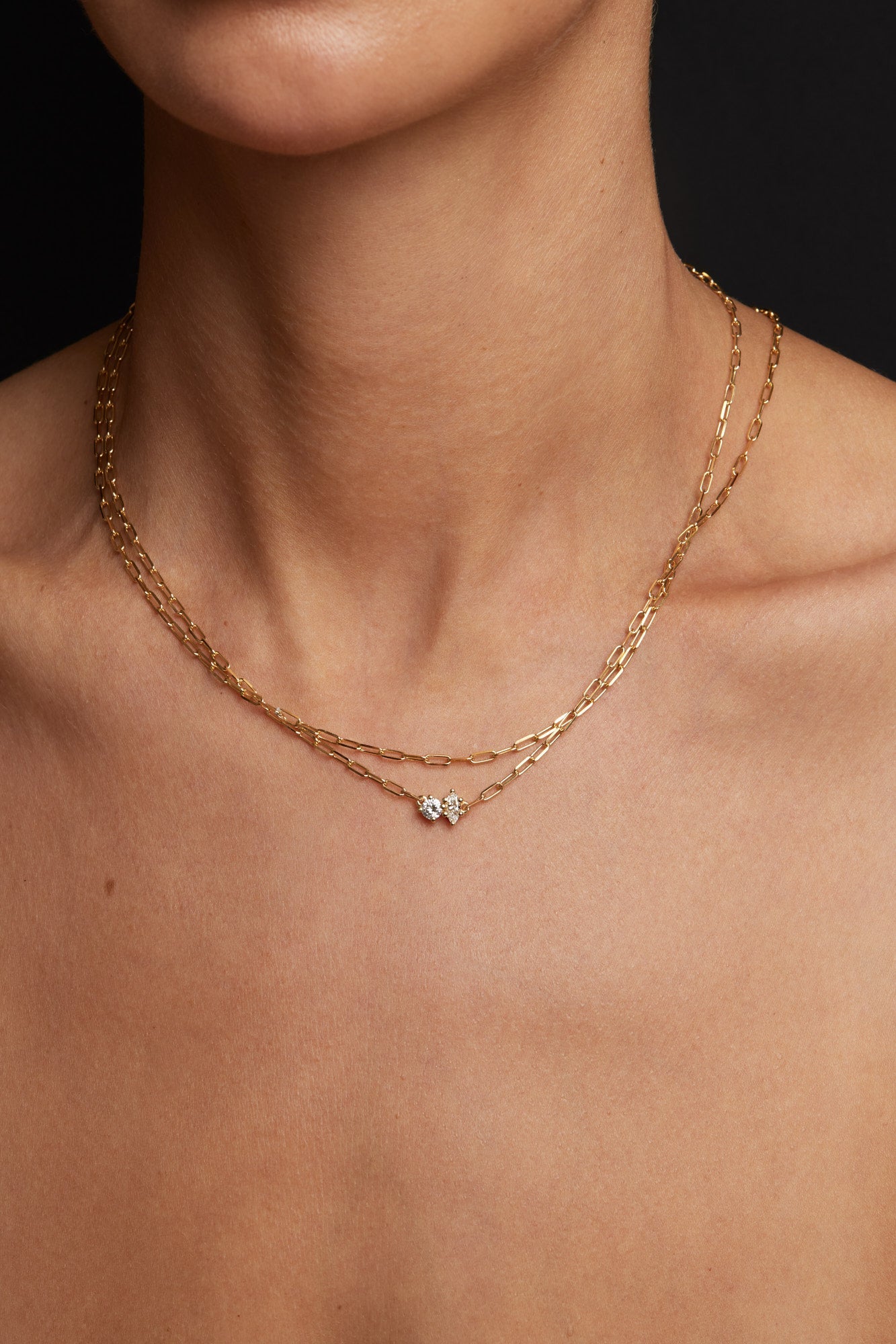 Marquise Diamond and Round Emerald Diamond Toi Et Moi Necklace | White Gold
