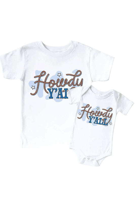 Howdy Y'all Blue Graphic Bodysuit & Kids Tee | White