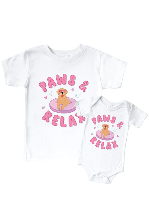 Paws & Relax Pink Graphic Bodysuit & Kids Tee | White